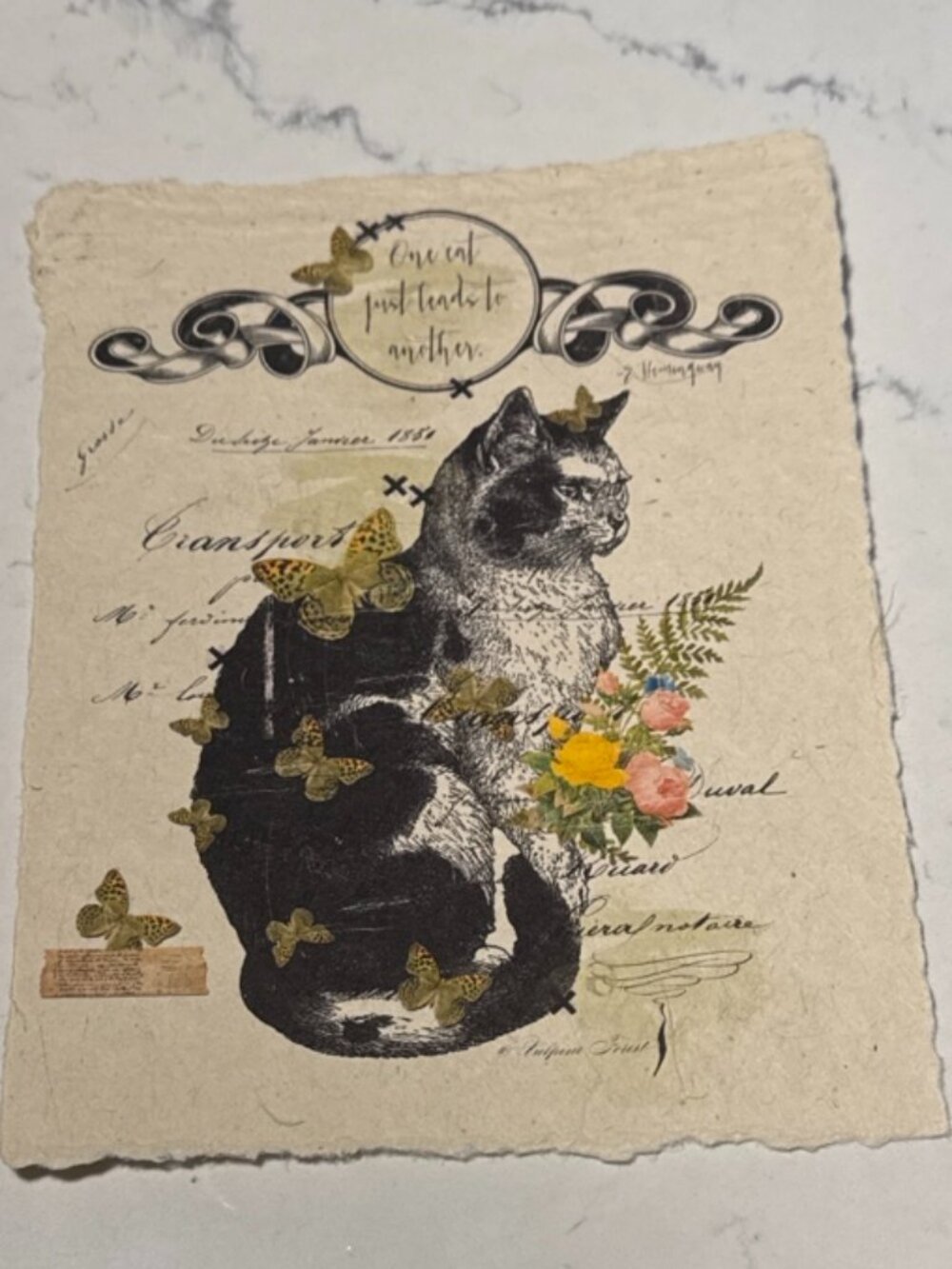 In the Land of Elsewhere Cat Butterfly Floral 4x6 Art Print